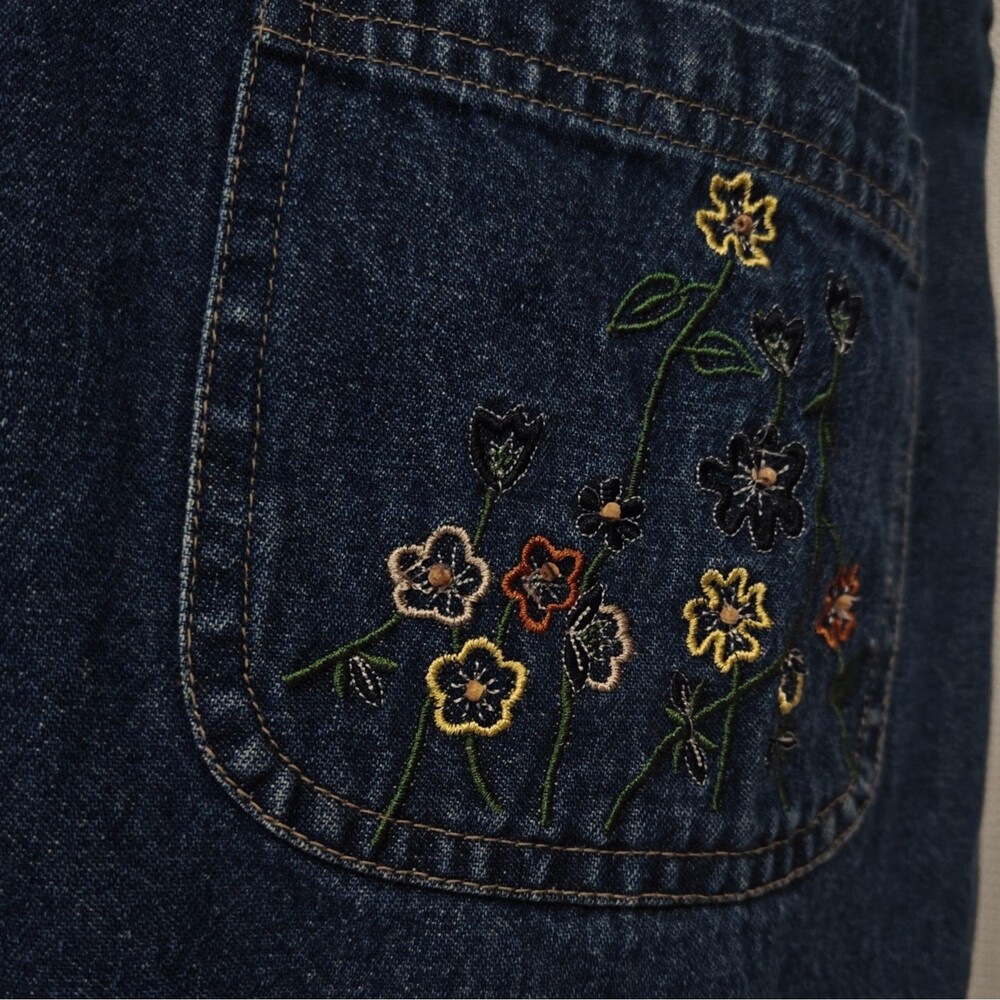Vintage Denim Jumper Dress M Medium Embroidered Floral Modest Boxy 90s MPH Jean - Picture 5 of 9